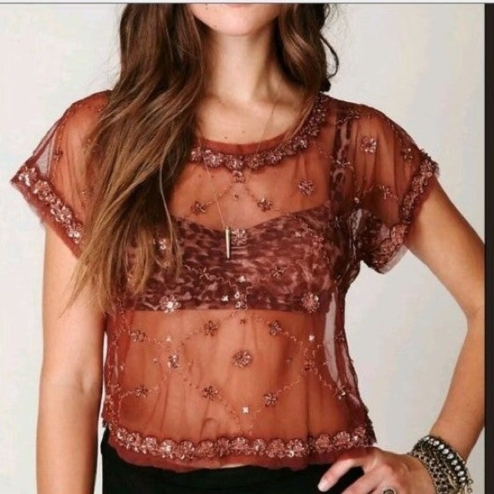 Free People Rust Rose Sequin Beaded Mesh
